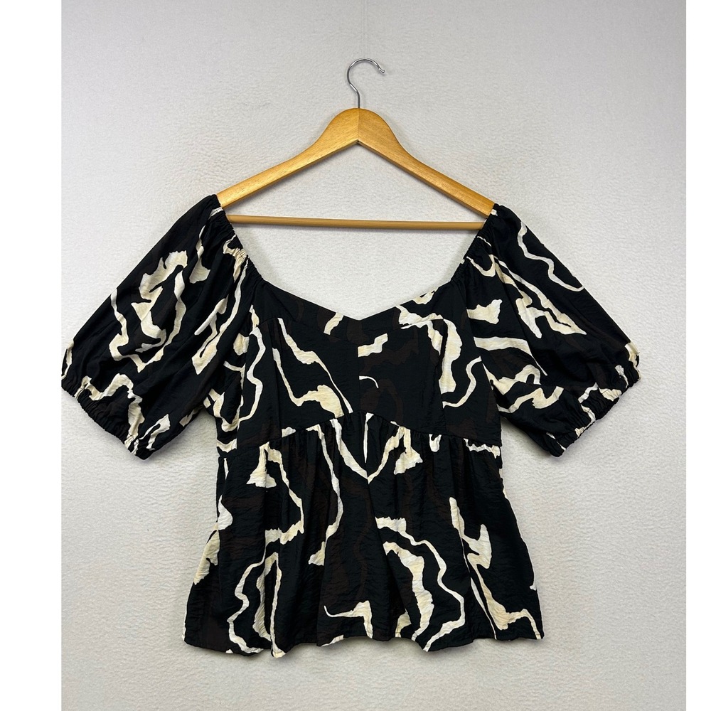 Bohemian Nine West Womens XL Black Abstract Smocked Puff Sleeve Peplum Blouse